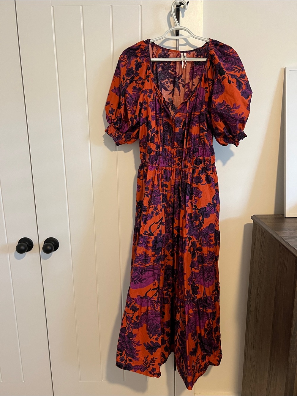 Anthropologie Orange and Purple Floral Puff-Sleeve Midi Dress